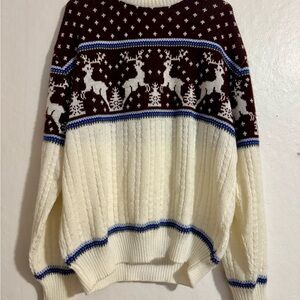 Men's vintage Crewneck Sweater with Reindeer Pattern - White and Brown